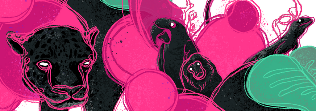 Ilustração de uma onça, arara e um macaco, os animais estão na cor preta com traços rosas.