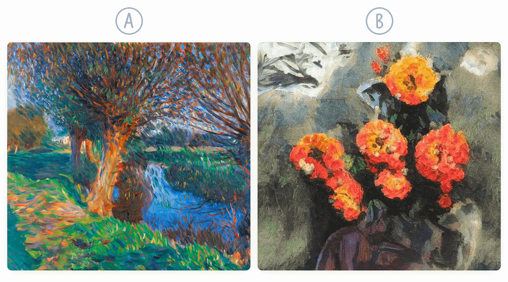 There are two paintings, one made by a human and one by AI