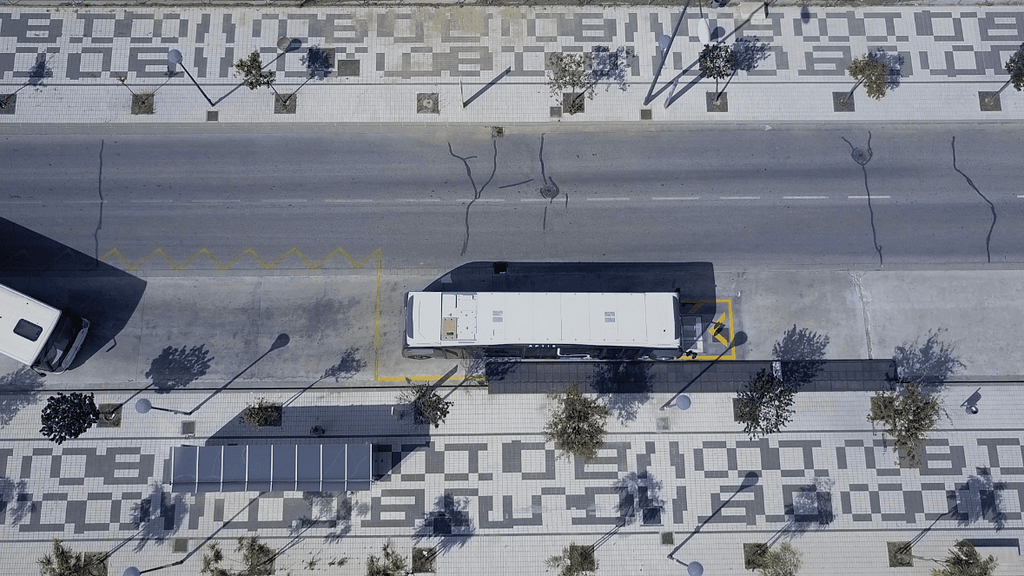 Aerial view of a bus in the street