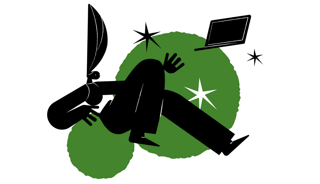 illustration of human figure floating with geometric shapes and a laptop drifting away from them.