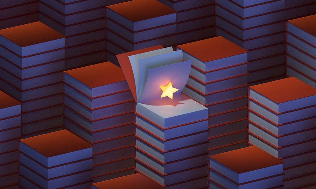 Dark, isometric composition of stacks of books with one opened and containing a shining star in between the pages.