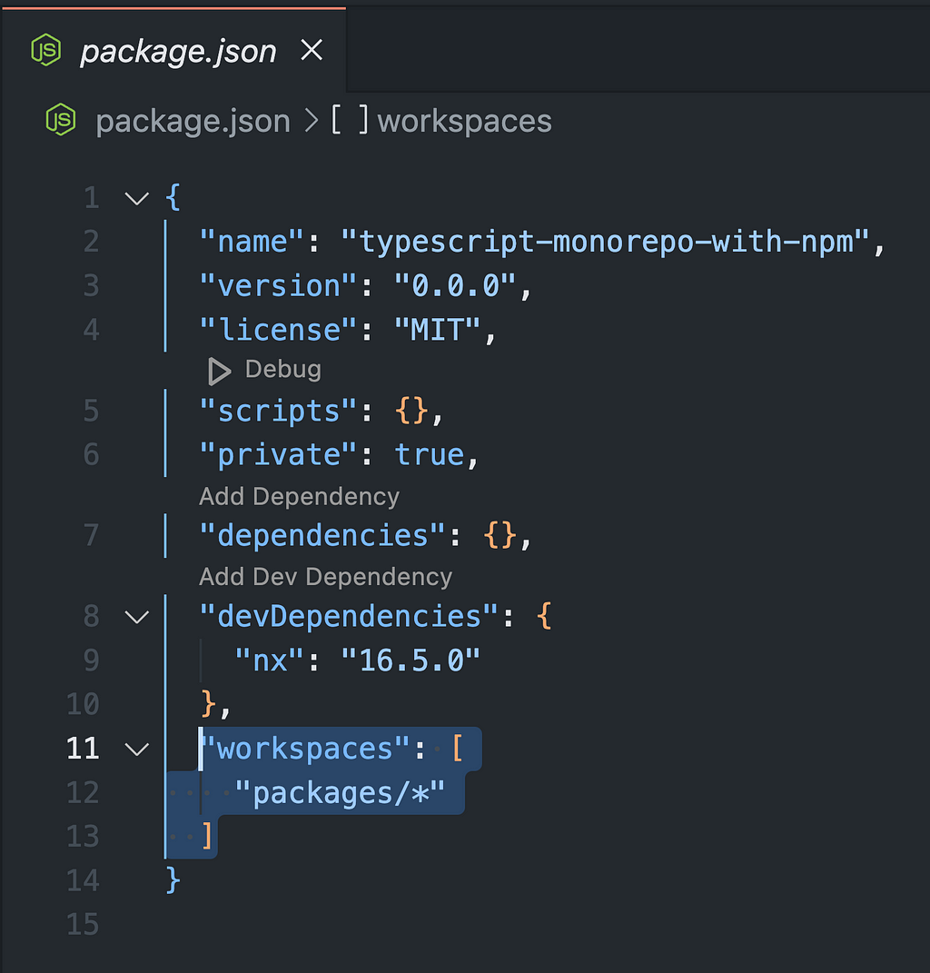 The package.json file created by nx when scaffolding our monorepo, including an entry for workspaces representing where our packages are / can be