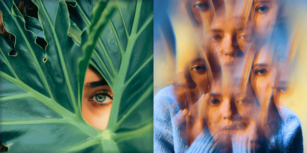 Woman with green eyes in nature, double exposure with multiple faces