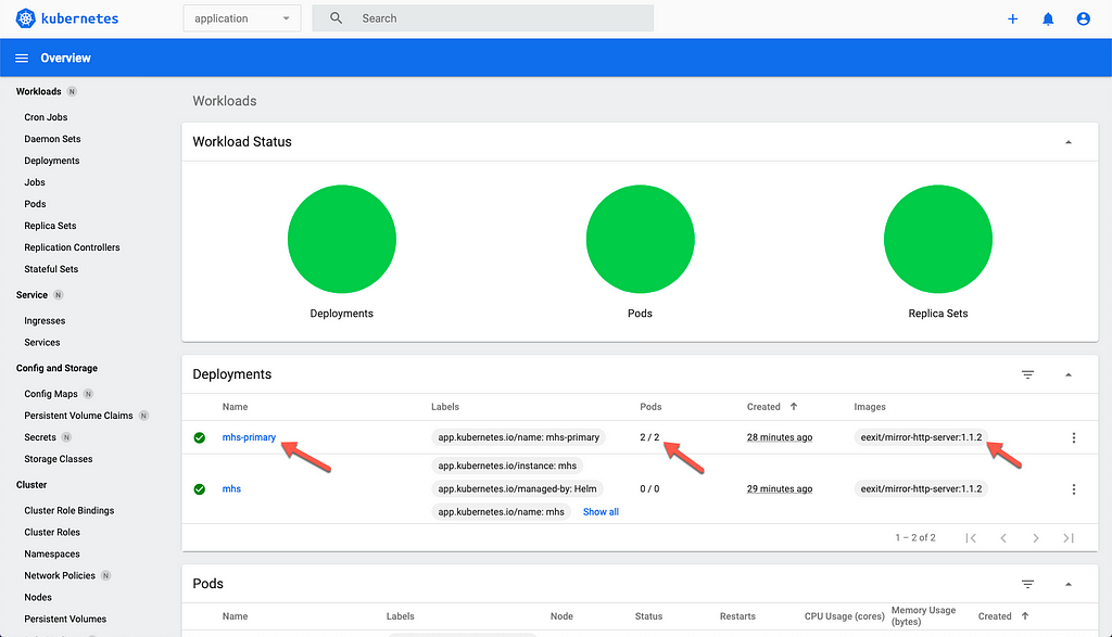 The application namespace now shows MHS 1.1.2 and no canary deployment