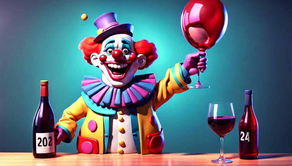 Clown holding up wine glass, wine bottles on table