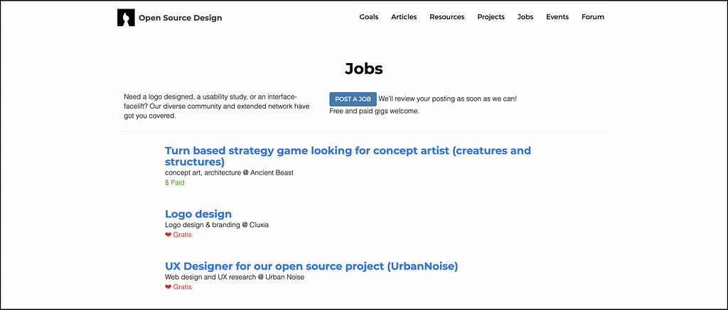 Screenshot from open source design jobs board.