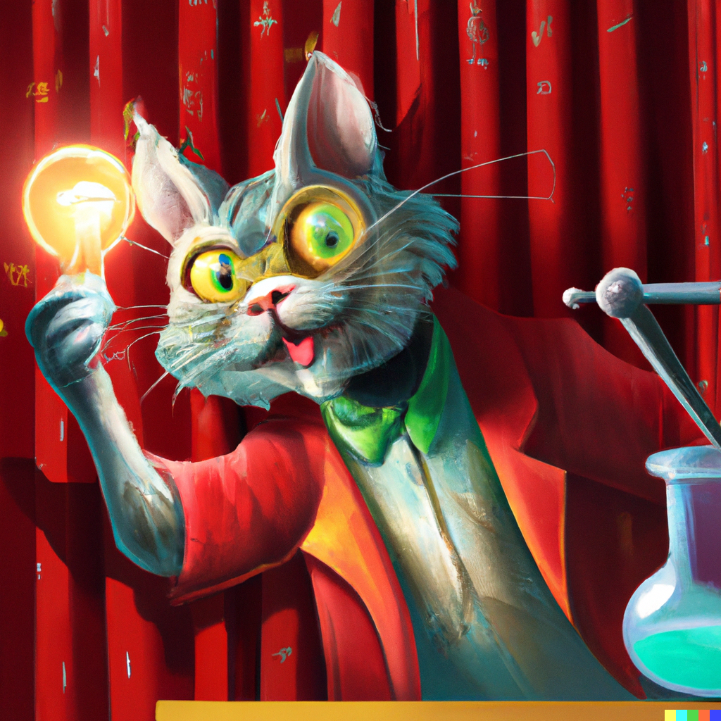 A mad cat scientist finding a glowing light bulb from behind the red curtains