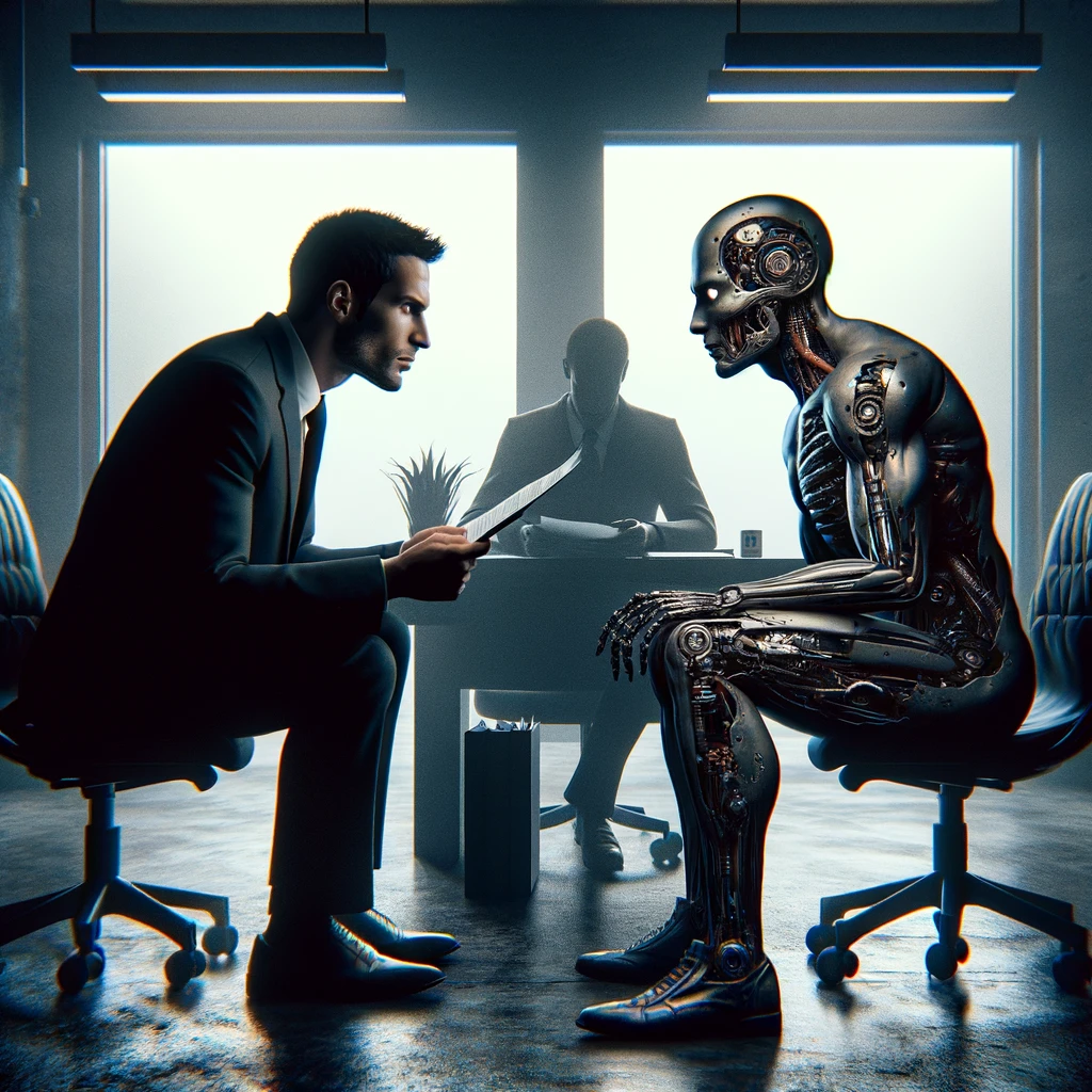 A man interviewing a robot in an office setting