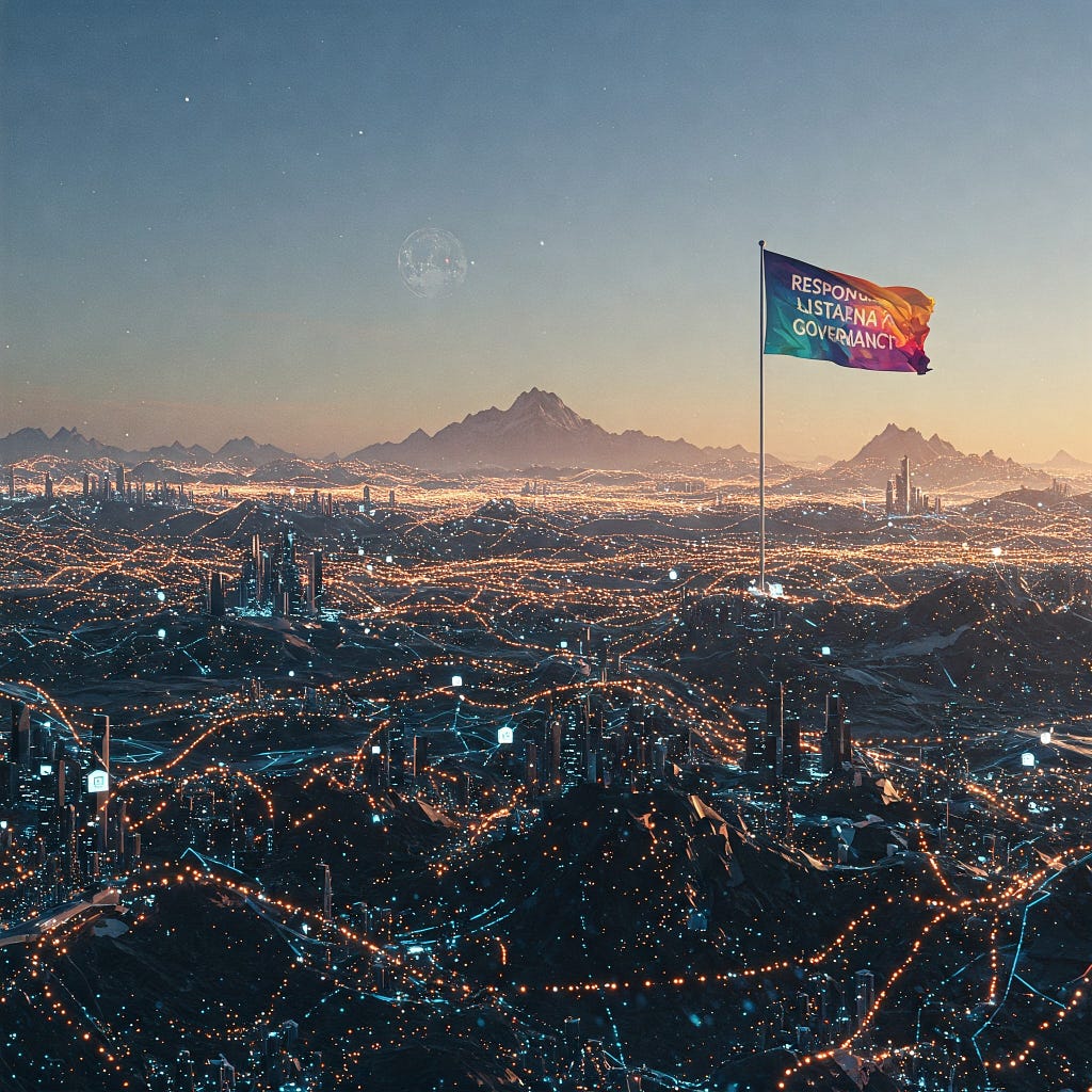 Inspiring digital art of AI landscape with “Responsible AI Governance” flag