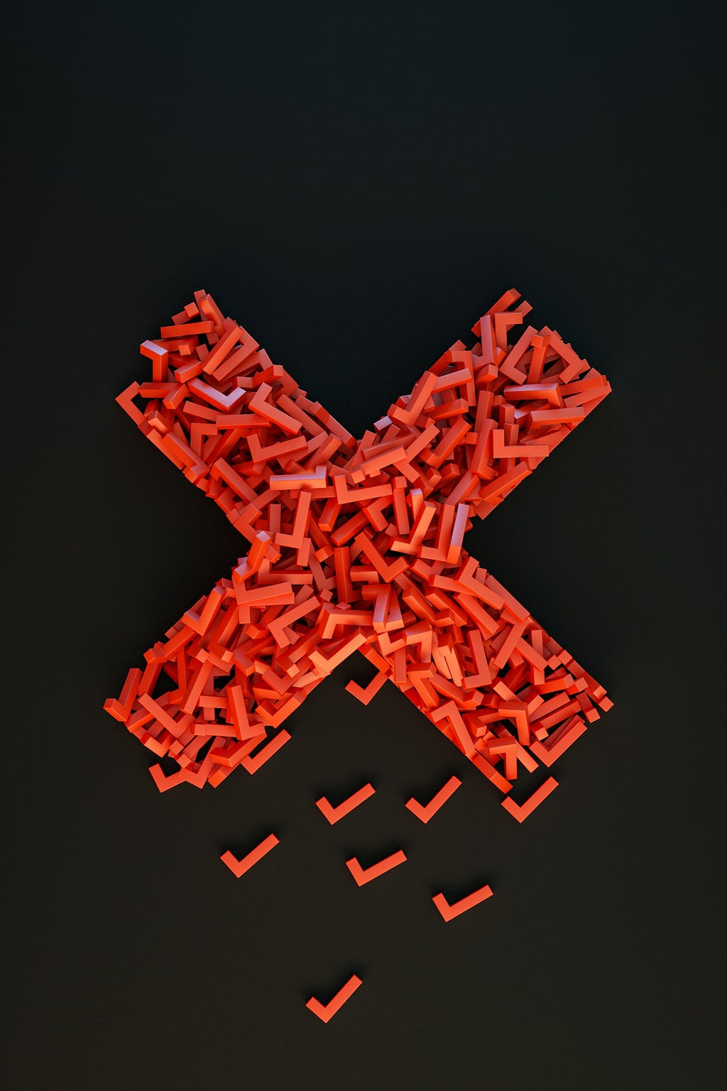 man red check-shaped objects forming a giant red X with a few checks outside