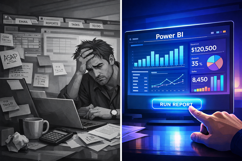 A dramatic before-and-after split screen: the left side shows a chaotic workflow with multiple browser tabs, sticky notes, and spreadsheets in muted gray tones; the right side shows a single clean Power BI dashboard with an action button being clicked in vibrant blue and purple tones.