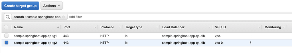 Target groups screen with black text and grey and blue highlighted table rows, and blue buttons