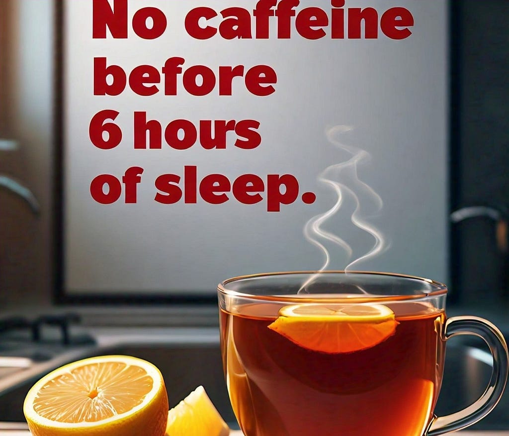 A poster saying that “no caffeine before 6 hours of sleep” and a cup of tea is present here.