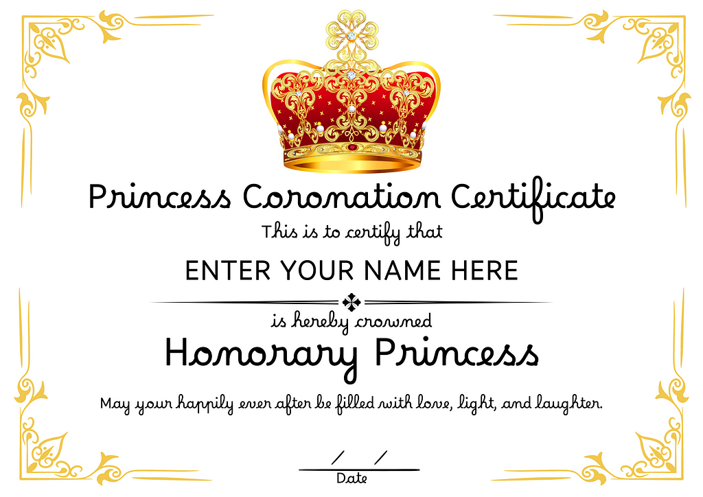 Princess Coronation Certificate with Royal Crown Calligraphy Fonts