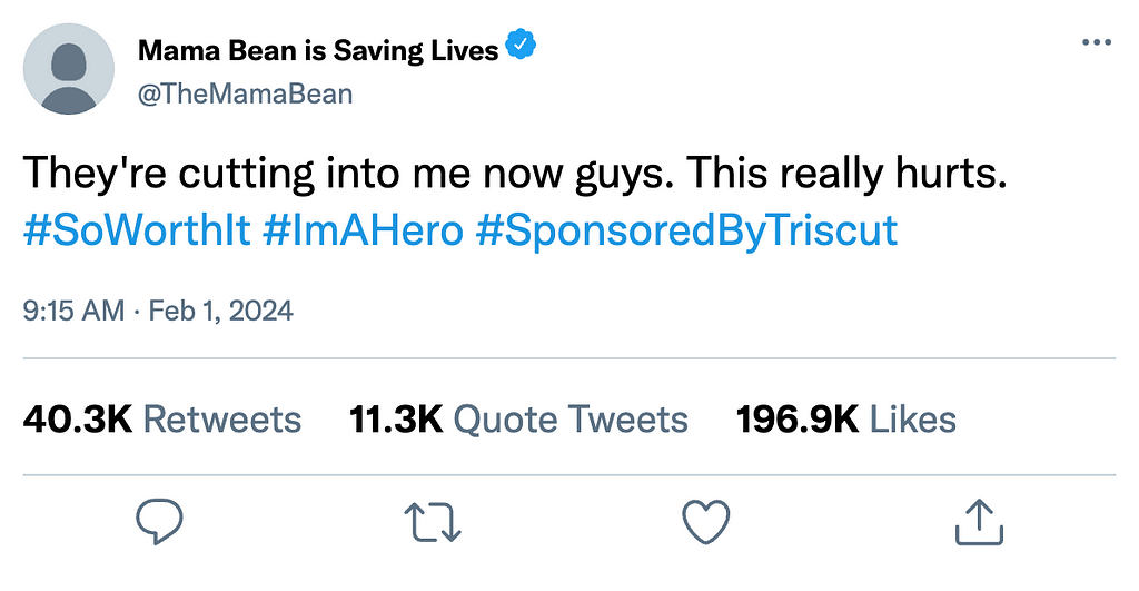 Mama Bean is Saving Lives @TheMamaBean They’re cutting into me now guys. This really hurts. #SoWorthIt #ImAHero #SponsoredByTriscut