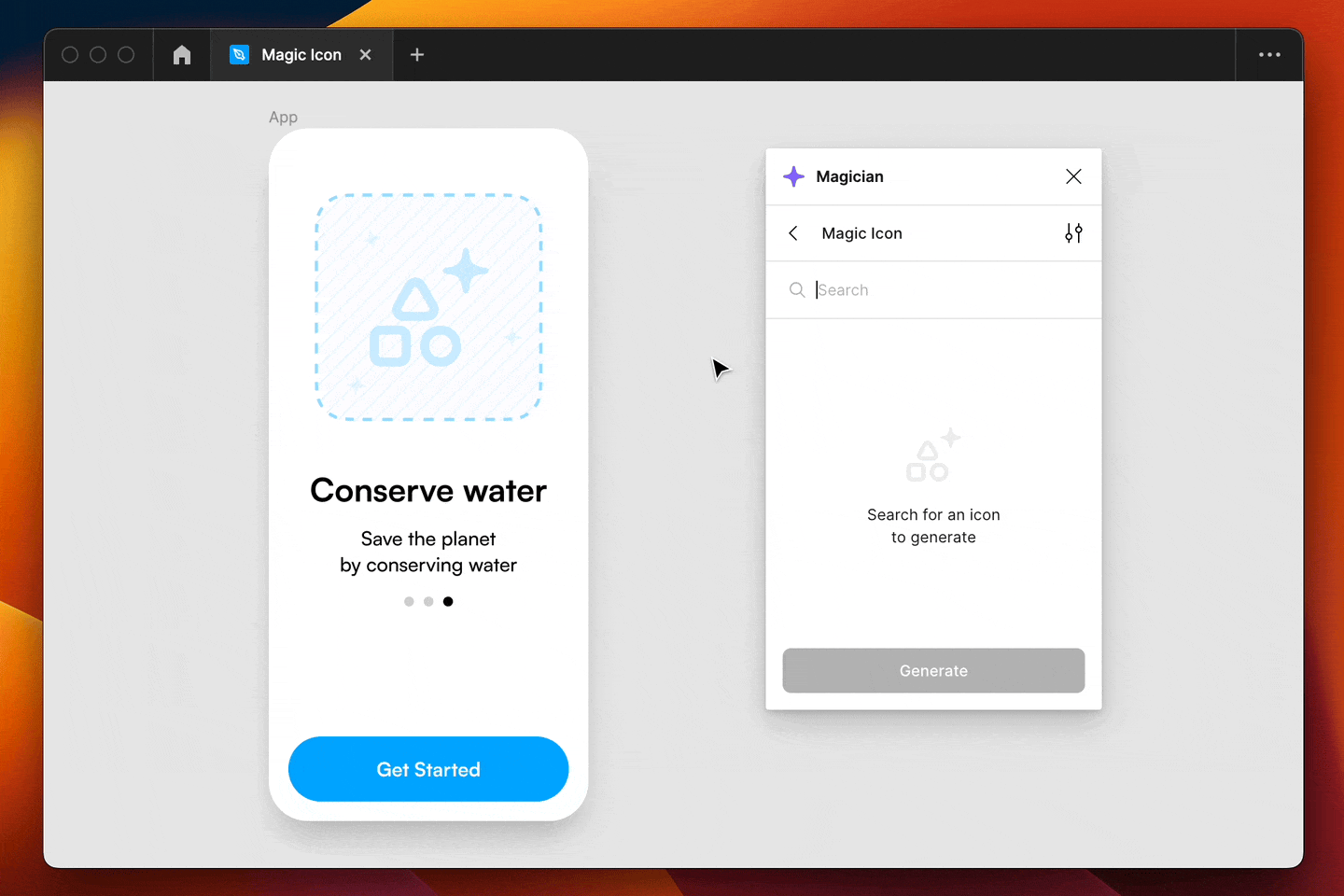 The tool generating 4 different icons from the input “hand holding water”. The selected icon is dragged and dropped into the design.