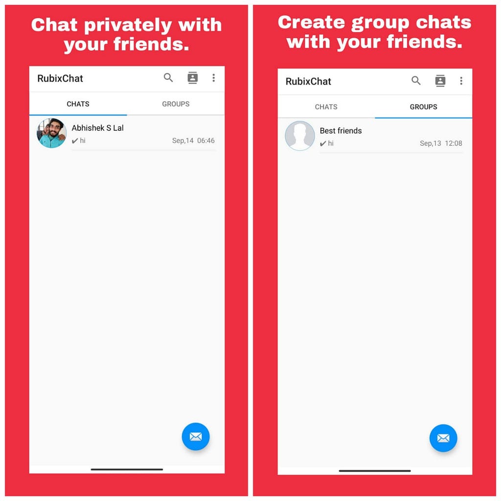 Screenshots of private chats and group chats tabs.