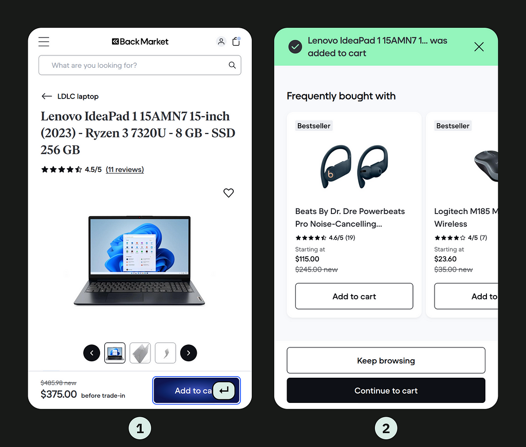 Screenshots of a product page where the add to cart button was improved for keyboard navigation, and the subsequent page in the user flow where the improvement wasn’t made. The side by side comparison highlights that the resulting experience is inconsistent.