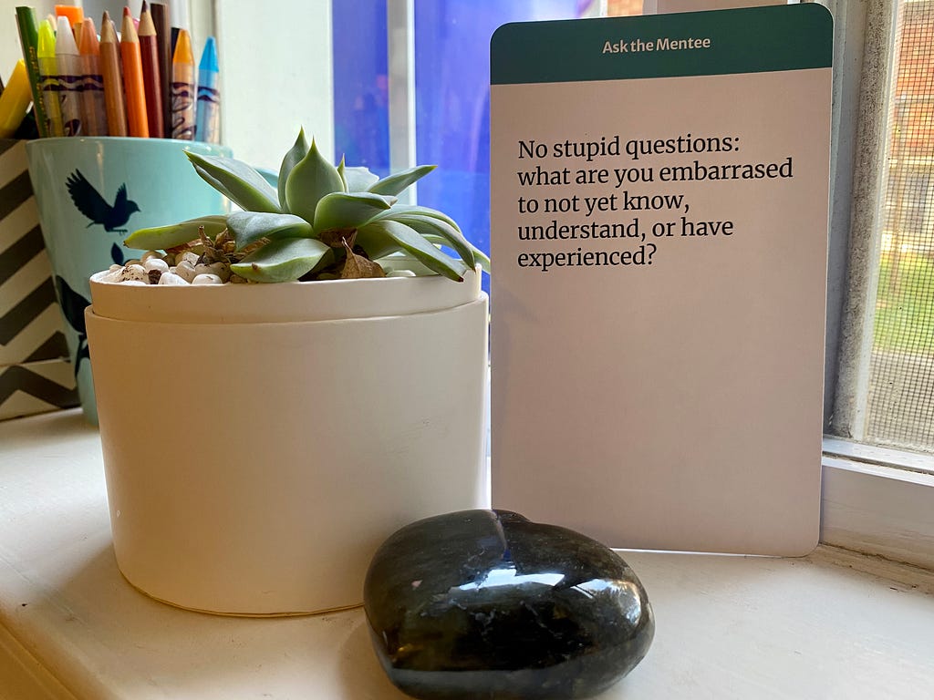 A card from Plucky’s Mentor Pack that reads: “No stupid questions; what are you embarrassed to not yet know, understand, or have experienced?”