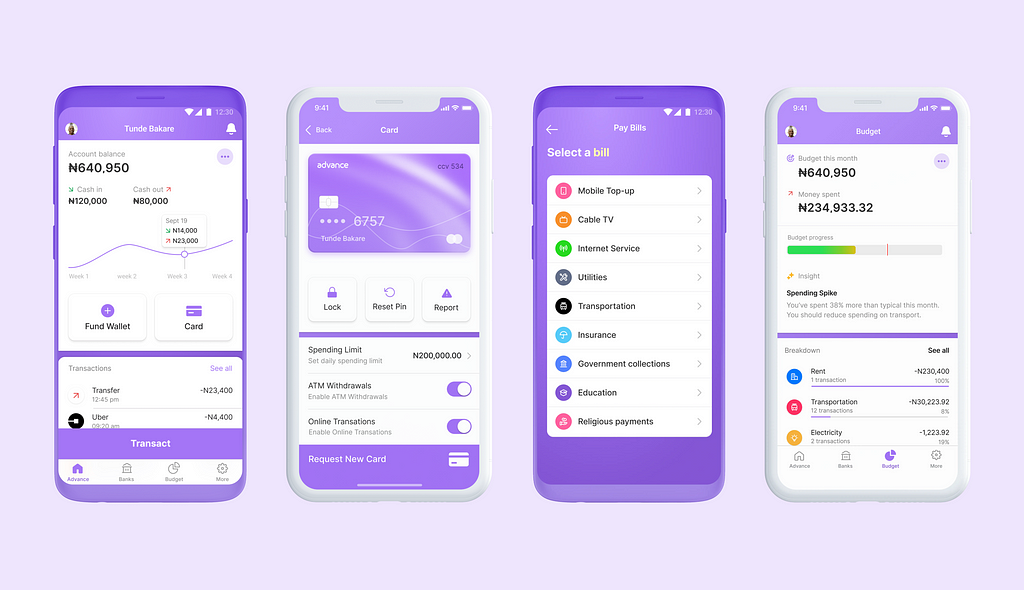 Mockups showing iOS and Android screens of a banking app