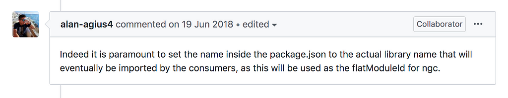 alan-agius4 commented on 19 Jun 2018 • Indeed it is paramount to set the name inside the package.json to the actual library