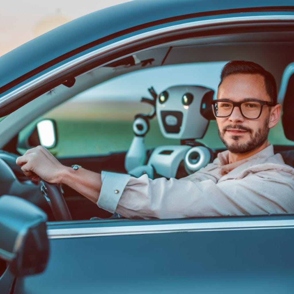 A man driving a car, with a robot sitting next to him