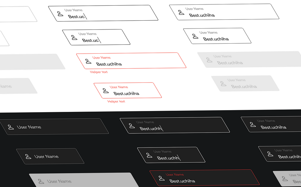 Text form fields for ‘User Name’ showing default, focused, and error states with helper text, in both light and dark themes.