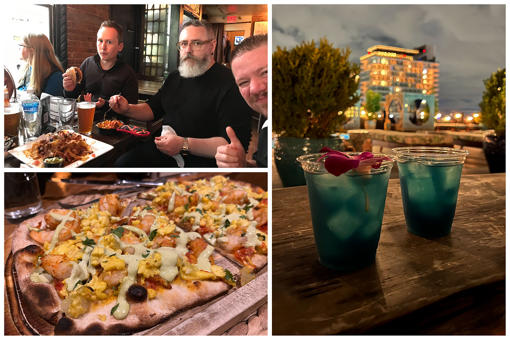 A collage featuring caribbean pizza, blue coloured mixed drinks, and attendees enjoying a meal together.