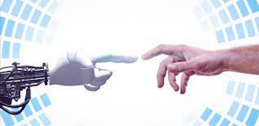 A robot hand and a human hand reaching towards each other.
