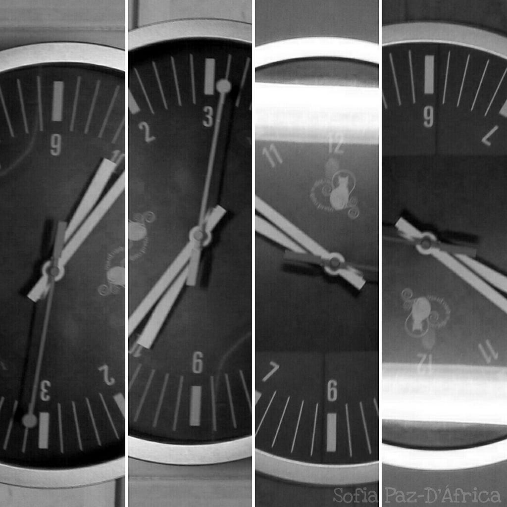 A clock in four different positions. Black and white image.
