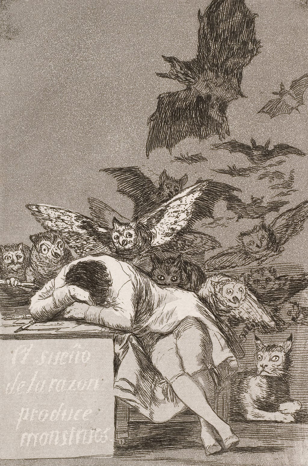 Francisco Goya, “El sueño de la razón produce monstruos” — aquatint nr. 43 of the series “Los Caprichos”, year 1799
