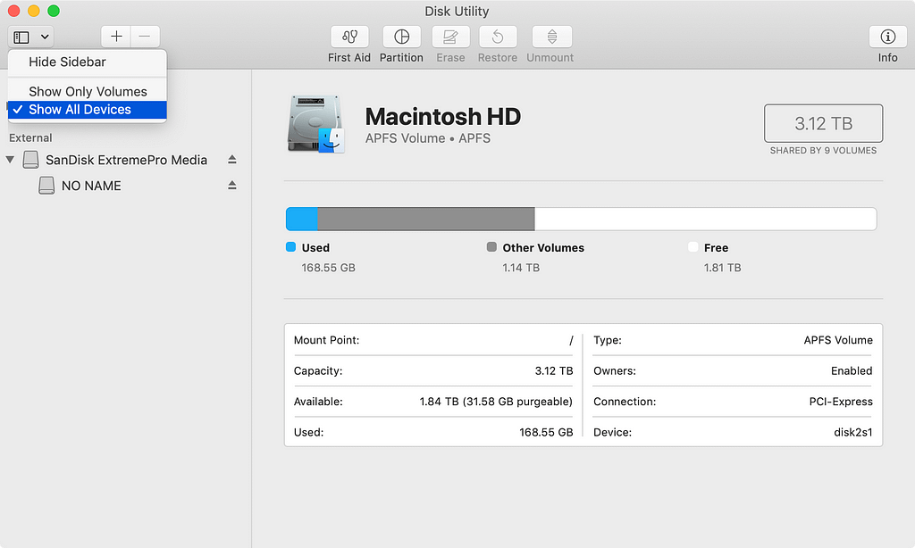 Disk Utility: Select ‘Show All Devices’ from the dropdown menu.