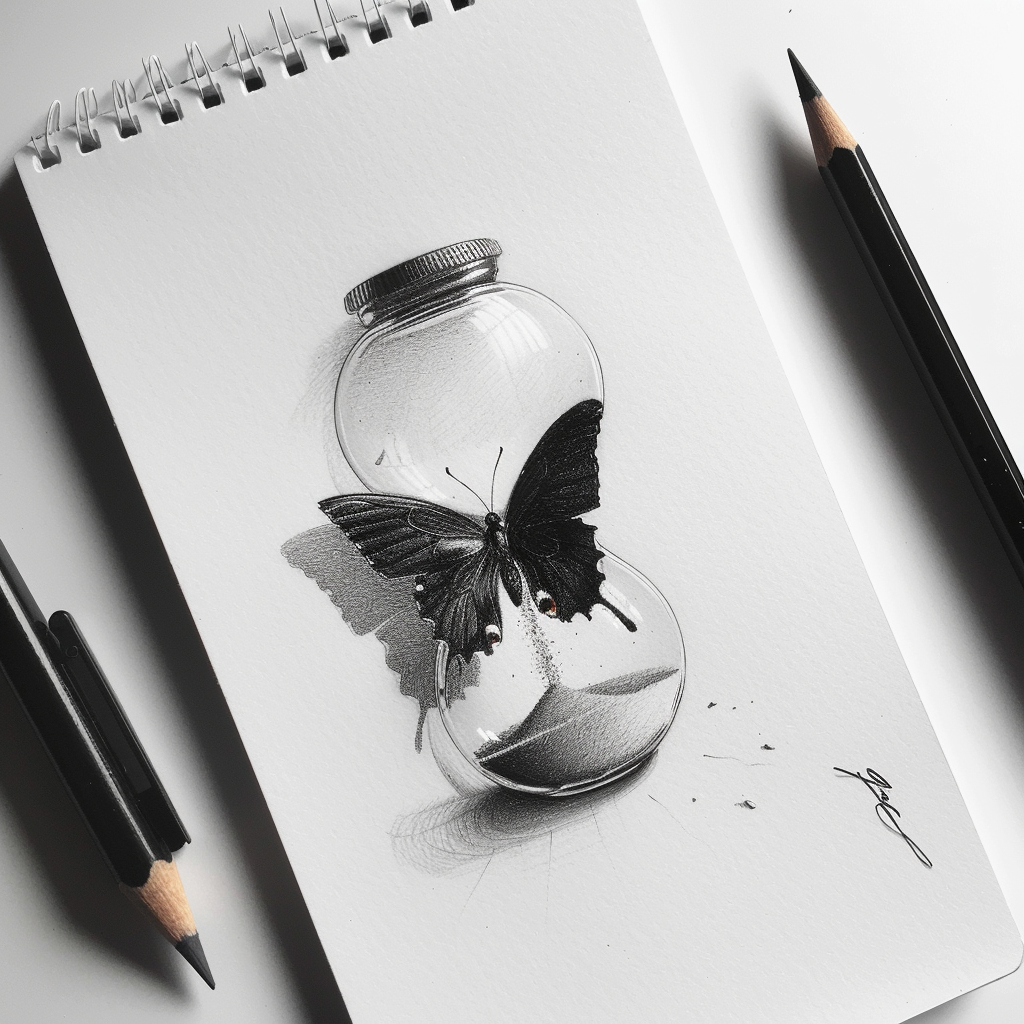 Graphite pencils art style, a butterfly in the hourglass