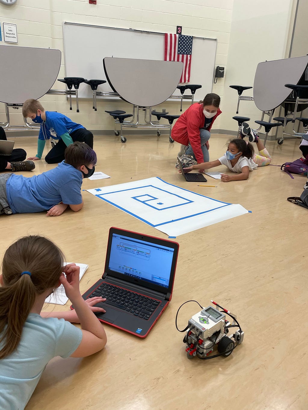 Students from Arnold Elementary working on coding activities with their robots during the first Lego Robotics session, April 2021