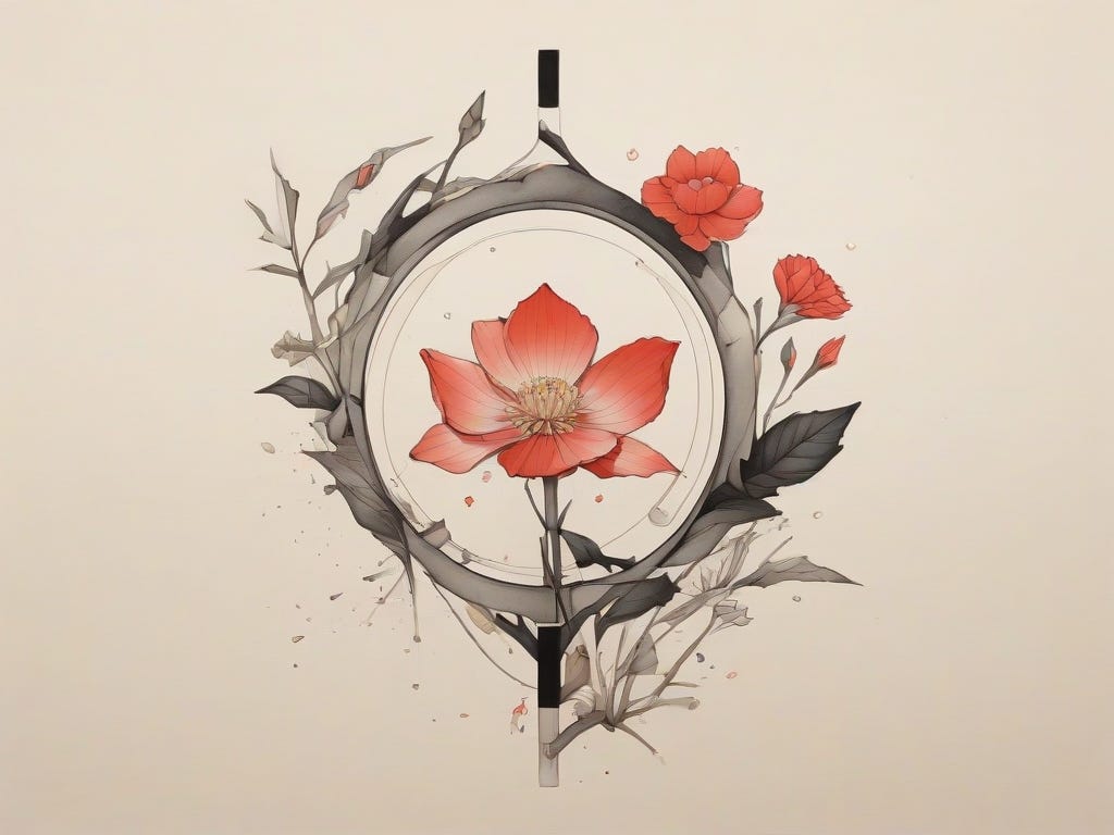 a minimalistic drawing, looking through a scope we see a flower