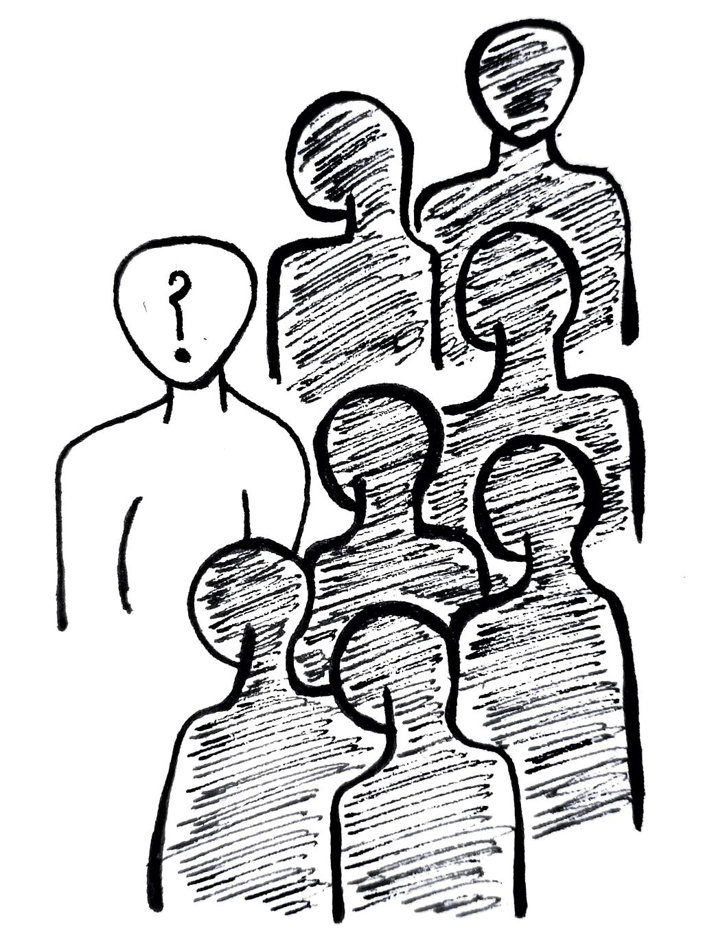 On the left, there is a figure with a question mark on its face, while on the right, there are seven shadows giving the impression that they are all watching the figure on the left.
