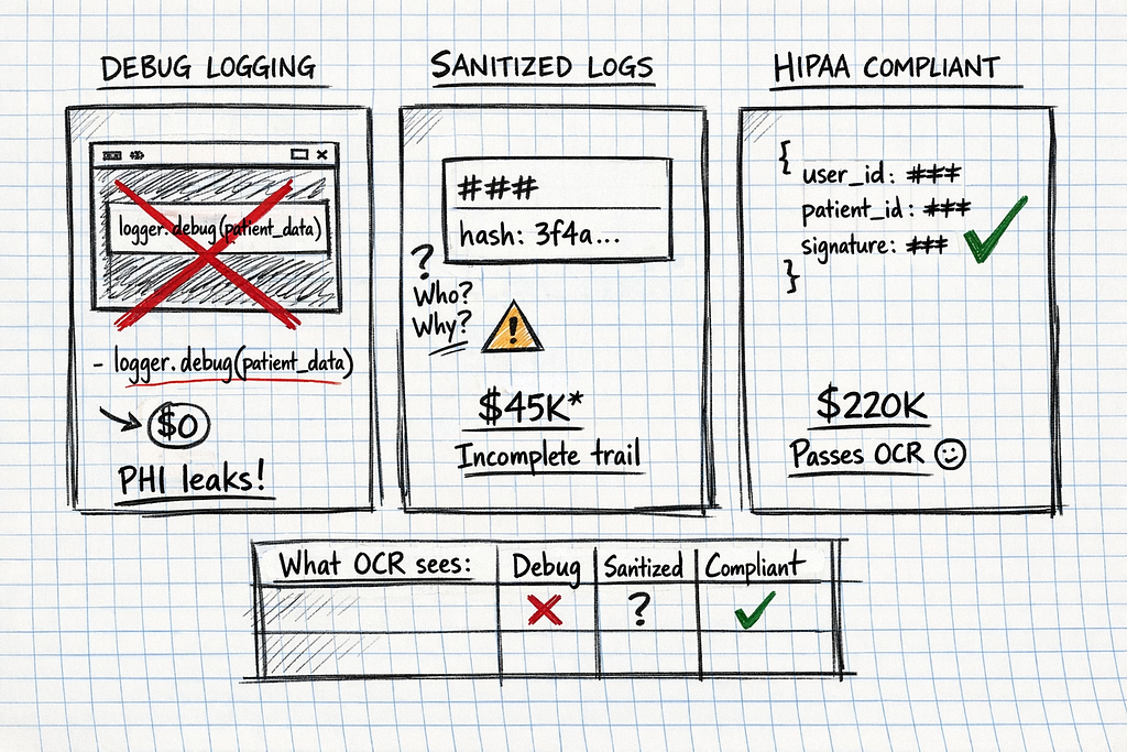 Hand-drawn sketch on graph paper showing three logging approaches: Debug Logging ($0, crossed out with red X, “FAILS AUDIT”, PHI leaks), Sanitized Logs ($45K, amber warning triangle, question marks for “Who? Why?”, incomplete trail), and HIPAA Compliant ($220K, green checkmark, “Passes OCR” with smiley face), with hand-written comparison table showing what OCR can see for each approach.