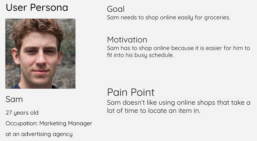 user persona showing Sam who is 27 years old and his goals, motivation and pain point.
