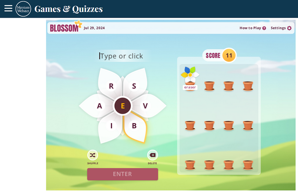 The screenshot from Merriam-Webster.com shows the word game ‘Blossom.’