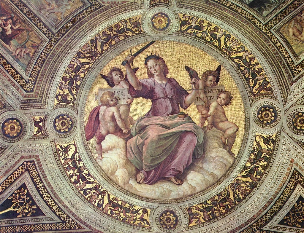 a fresco on a ceiling of an image of justice personified holding a sword surrounded by cherubs looking on. the image is surrounded by gold leaf details