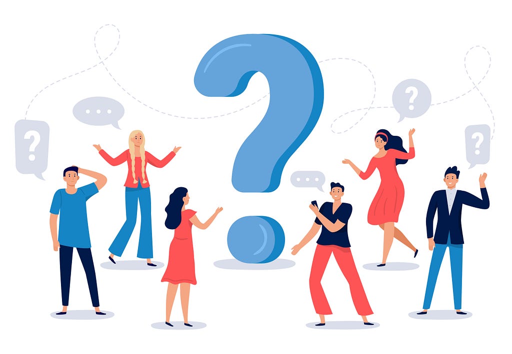 Illustration of character standing around a giant question mark, looking confused