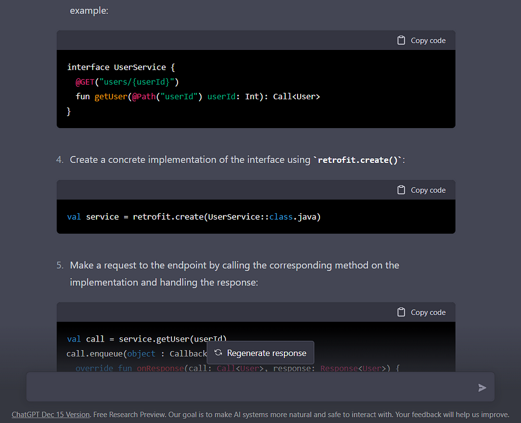 ChatGPT’s response when asked for retrofit setup in the Kotlin Android project