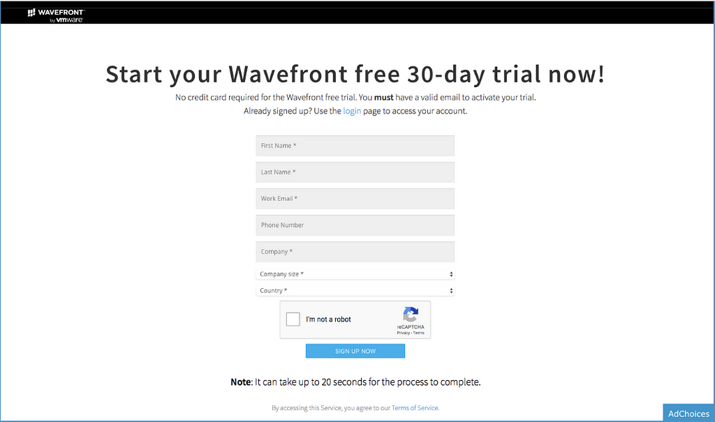 Screenshot of the old sign up form for Wavefront’s 30 day free trial