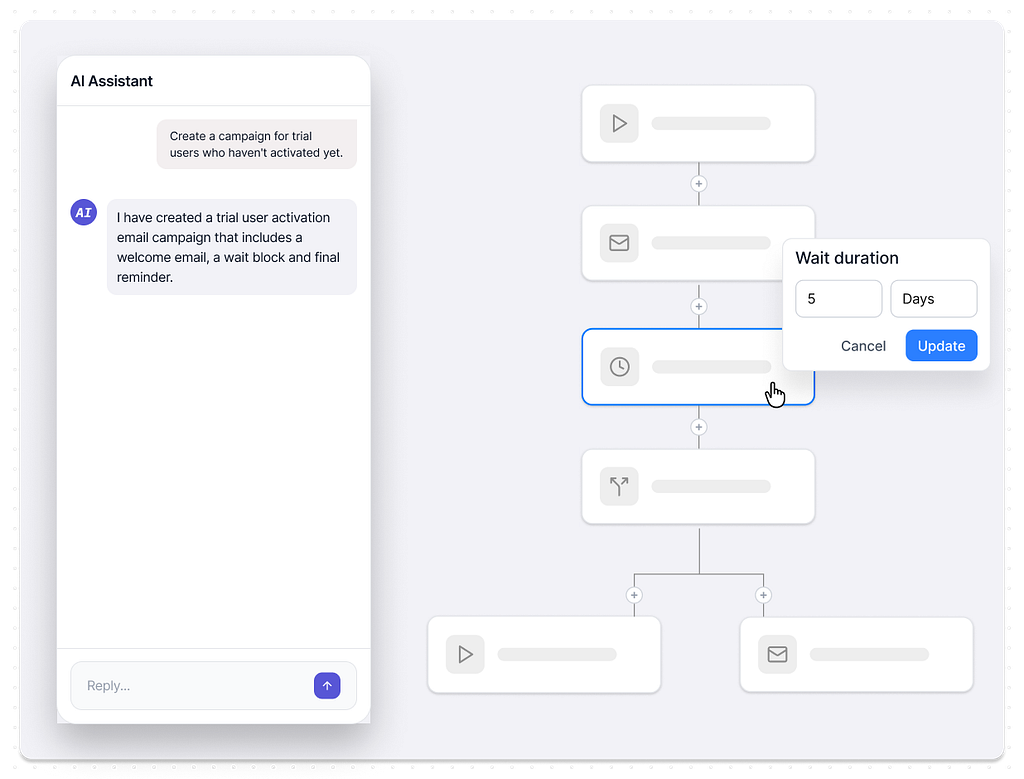 The image shows the flow components rendered by the AI assistant. The user directly interacts with the UI elements and updates the flow as opposed to asking the AI assistant to make changes.