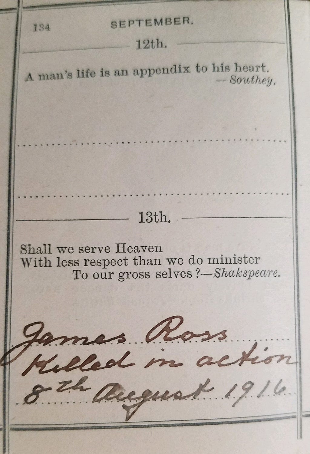 A page from Great-Great-Grandma Elizabeth’s book. It says “James Ross, killed in Action, 8th August 1916.”