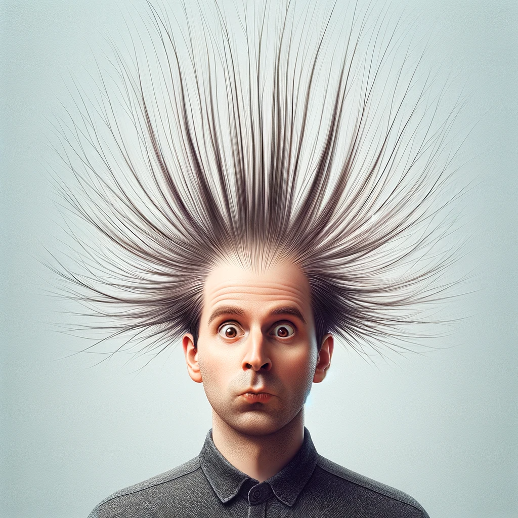 ChatGPT / DALL-E 3. An image of a person with thin hair standing on end due to static electricity.