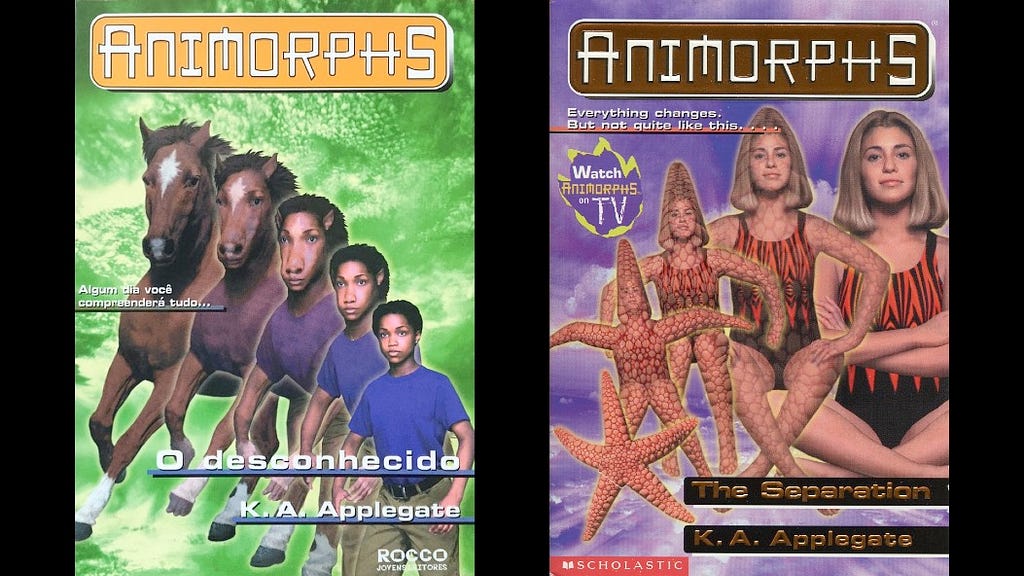 Covers of two books in the Animorphs series, depicting a boy transforming into a horse, and a girl transforming into a starfish. Both transformations are shown in five stages.