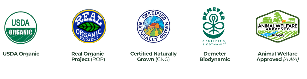 Third Party Certifications on GrownBy featuring logos of USDA Organic; Real Organic Project (ROP); Certified Naturally Grown (CNG); Demeter Biodynamic Certification; Animal Welfare Approved by A Greener World (AGW)