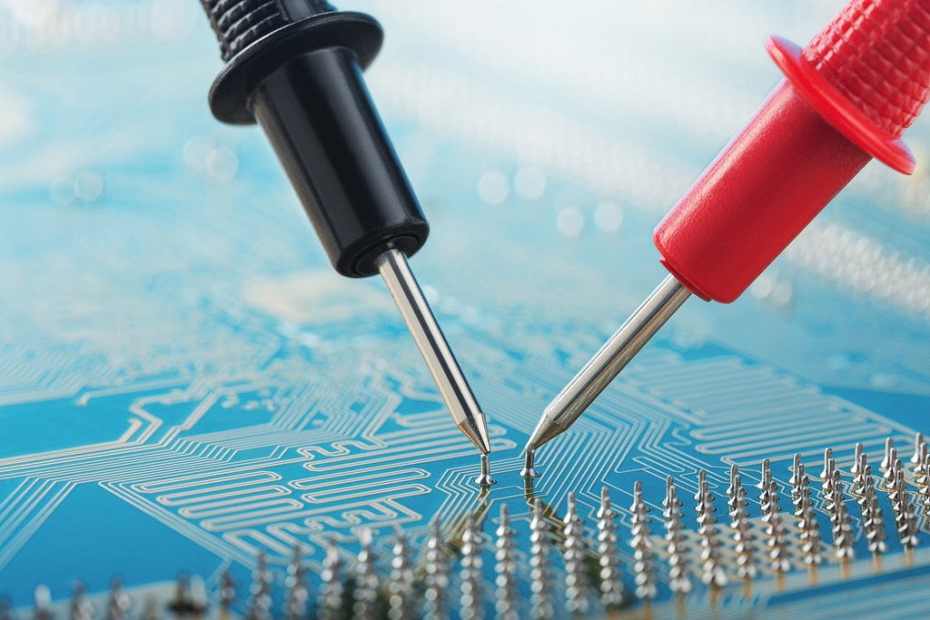 Two probes are used on printed circuit board nodes to test their functionality.