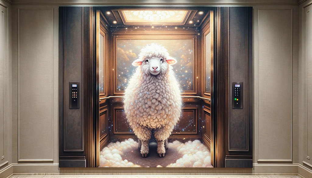 AI-generated visual of an unrealistically large and fluffy white sheep inside a hotel elevator